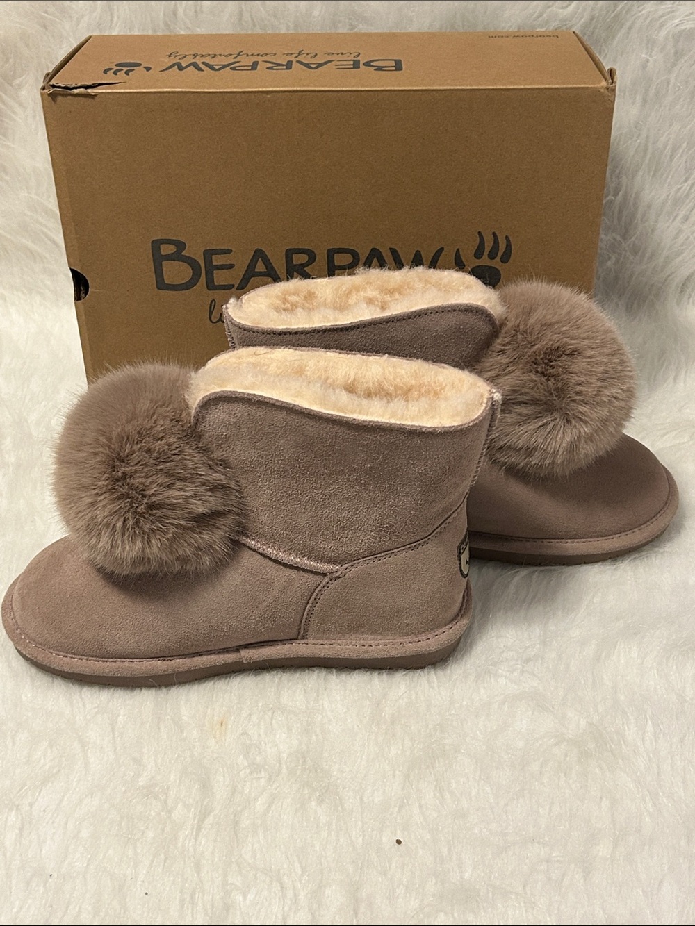 BearPaw Taupe Pom Pom Shearling Ankle Boots